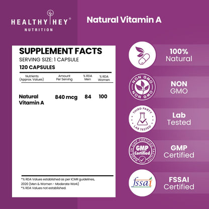 HealthyHey Nutrition Natural Vitamin A from Beta Carotene | Non-Synthetic | Non-GMO | -120 Veg Capsules