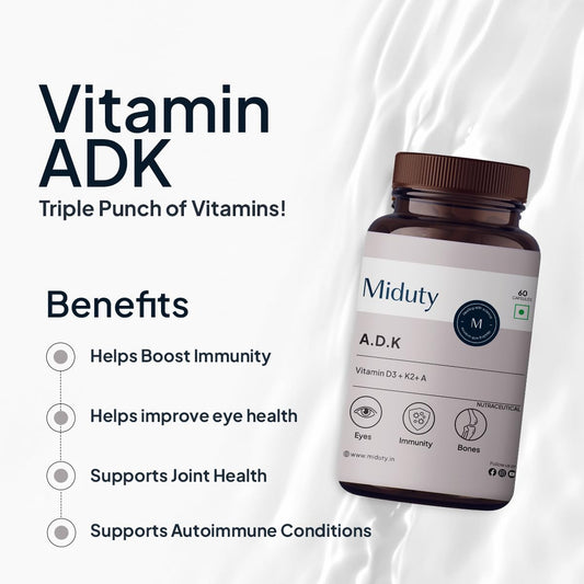 Miduty by Palak Notes Vitamin ADK, Vitamin D3 and K2 Supplements, Cholecalciferol Vitamin D3, Boost Immunity, Stronger Bones, Vitamin ADK Supplement, Immunity Booster Capsule - 60 Capsules