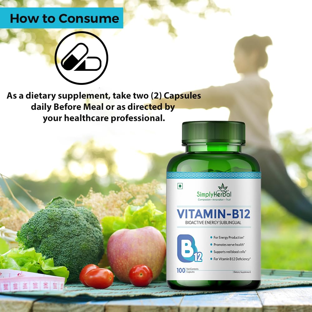 Simply Herbal Vitamin B12 Cyanocobalamin, Produce Red Blood Cells, Maintain Good Health, Boost Energy, Heart Health, Plant Based Supplements - 100 Capsules