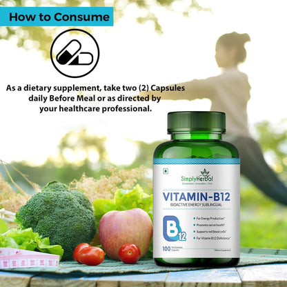 Simply Herbal Vitamin B12 Cyanocobalamin, Produce Red Blood Cells, Maintain Good Health, Boost Energy, Heart Health, Plant Based Supplements - 100 Capsules