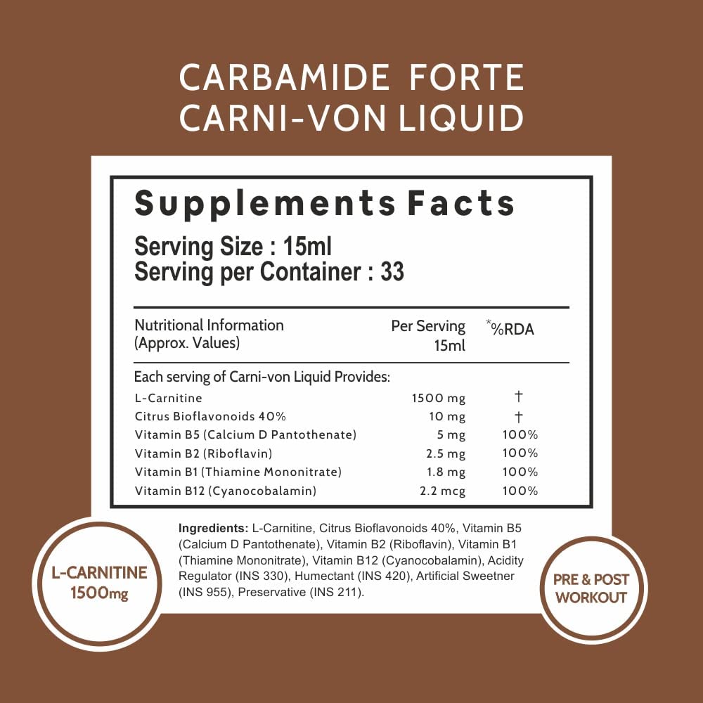 Carbamide Forte L Carnitine Liquid 1500mg | L-Carnitine Liquid With Vitamins | L'Carnitine Supplement For Pre & Post Workout To Suppoer Energy, Recovery & Metobolism | Citrus burst Flavor - 500ml
