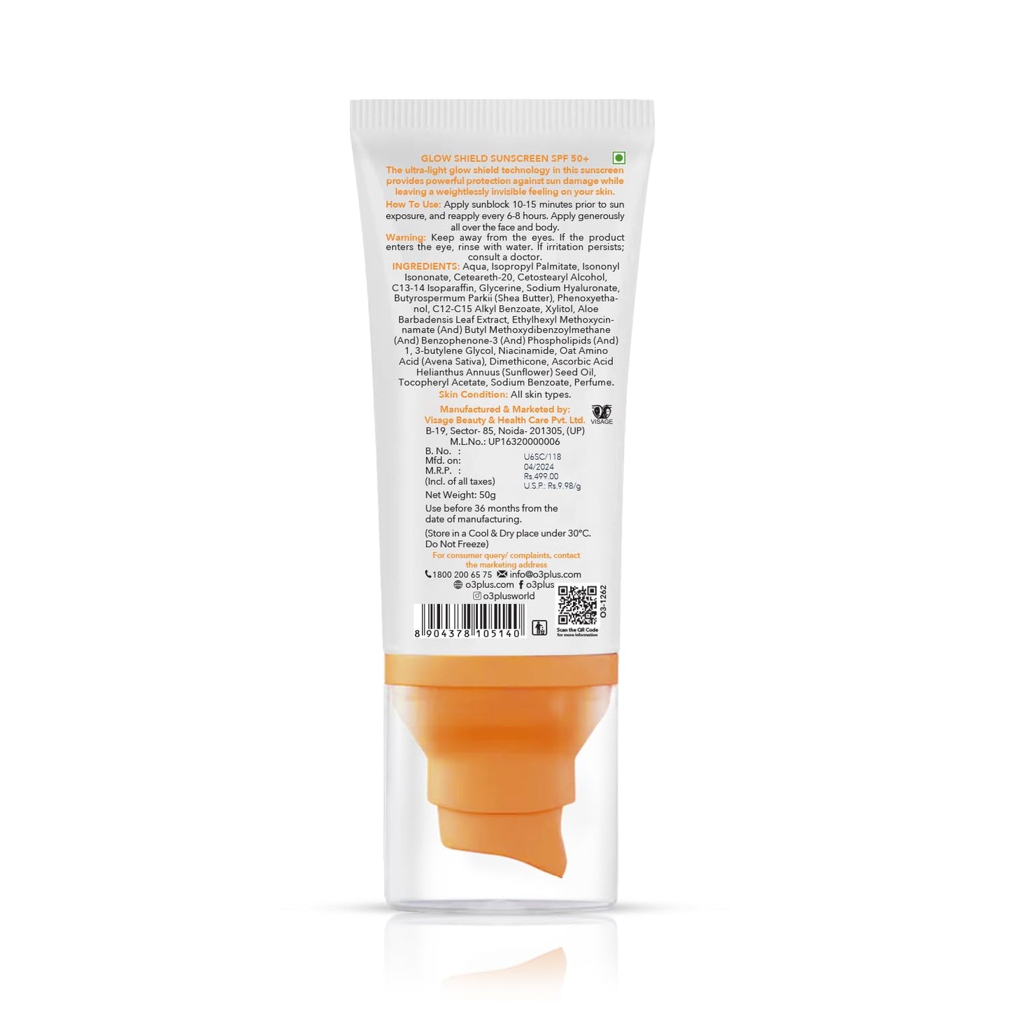 O3+ Glow Shield Sunscreen SPF 50 PA+++ (50gm) | Lightweight Cream | No White Cast | Sunscreen For Oily Skin, Dry Skin | For Women & Men