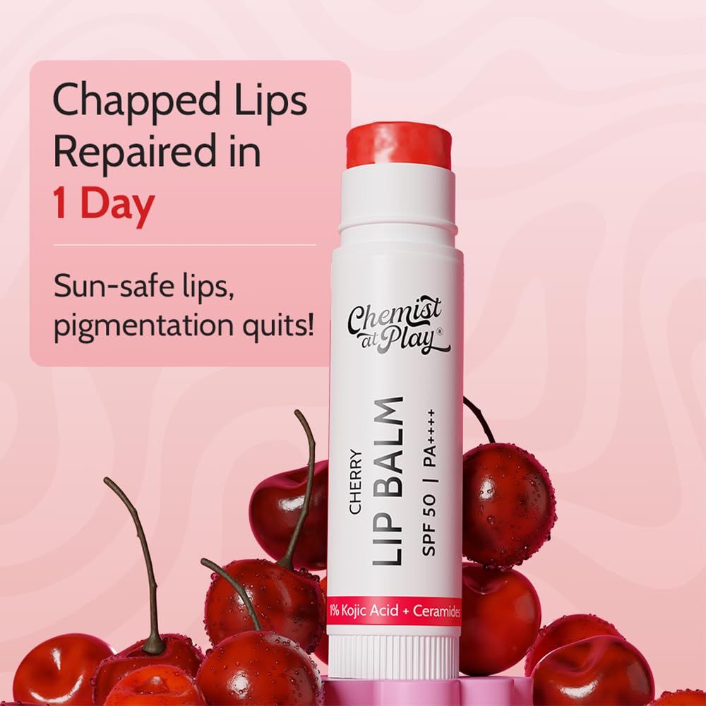 Chemist At Play Tinted Cherry Lip Balm with SPF 50 PA++++ | 1% Kojic Acid | Lip-balm for Dark and Dry Lips | Moisturising Lip Balm for Chapped Lip | Brightens Dark Lips | For Men & Women | 4.5 g