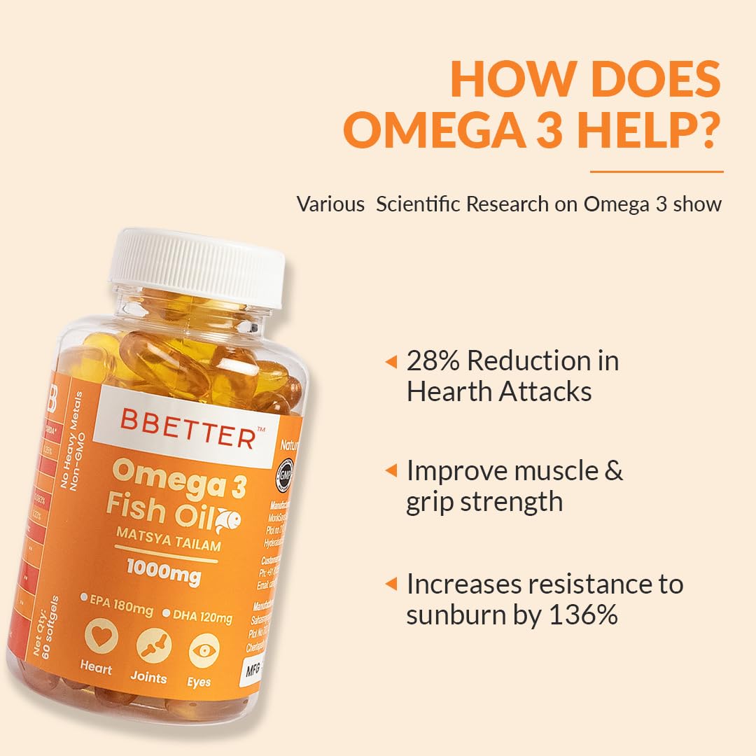 BBETTER Omega 3 Fish Oil Capsules 1000mg | Lab Tested Fish Oil Capsules | Lab Report Attached |High Absorption for Heart, Joints, Eyes & Brain | No Fishy Burps |180 EPA :120 DHA | 60 Softgels