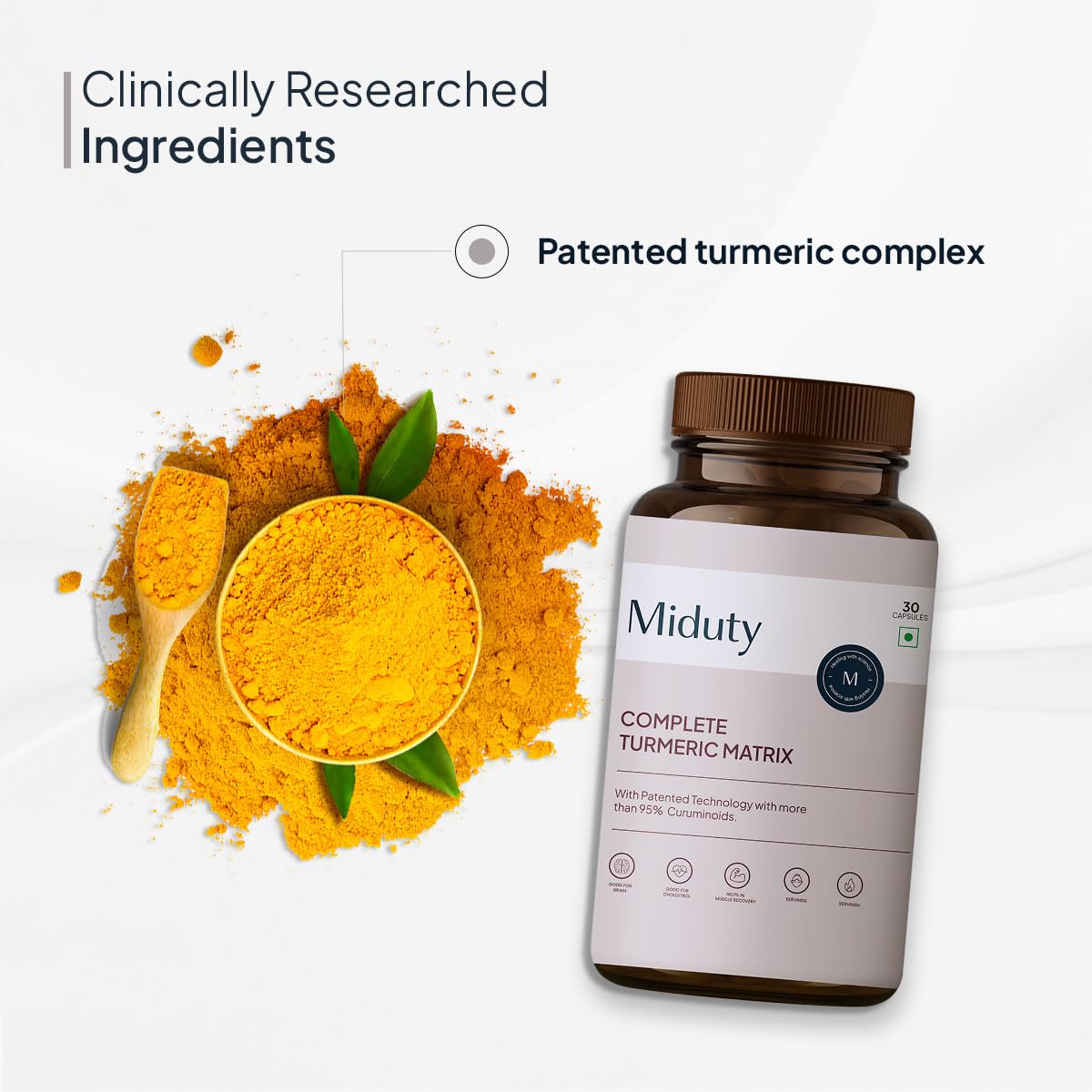 Miduty by Palak Notes Complete Turmeric Matrix Curcumin Capsules For Relieving Muscle Pain - Lower Cholesterol - Anti-inflammatory - Increase memory power - Skin Health - 30 Capsules