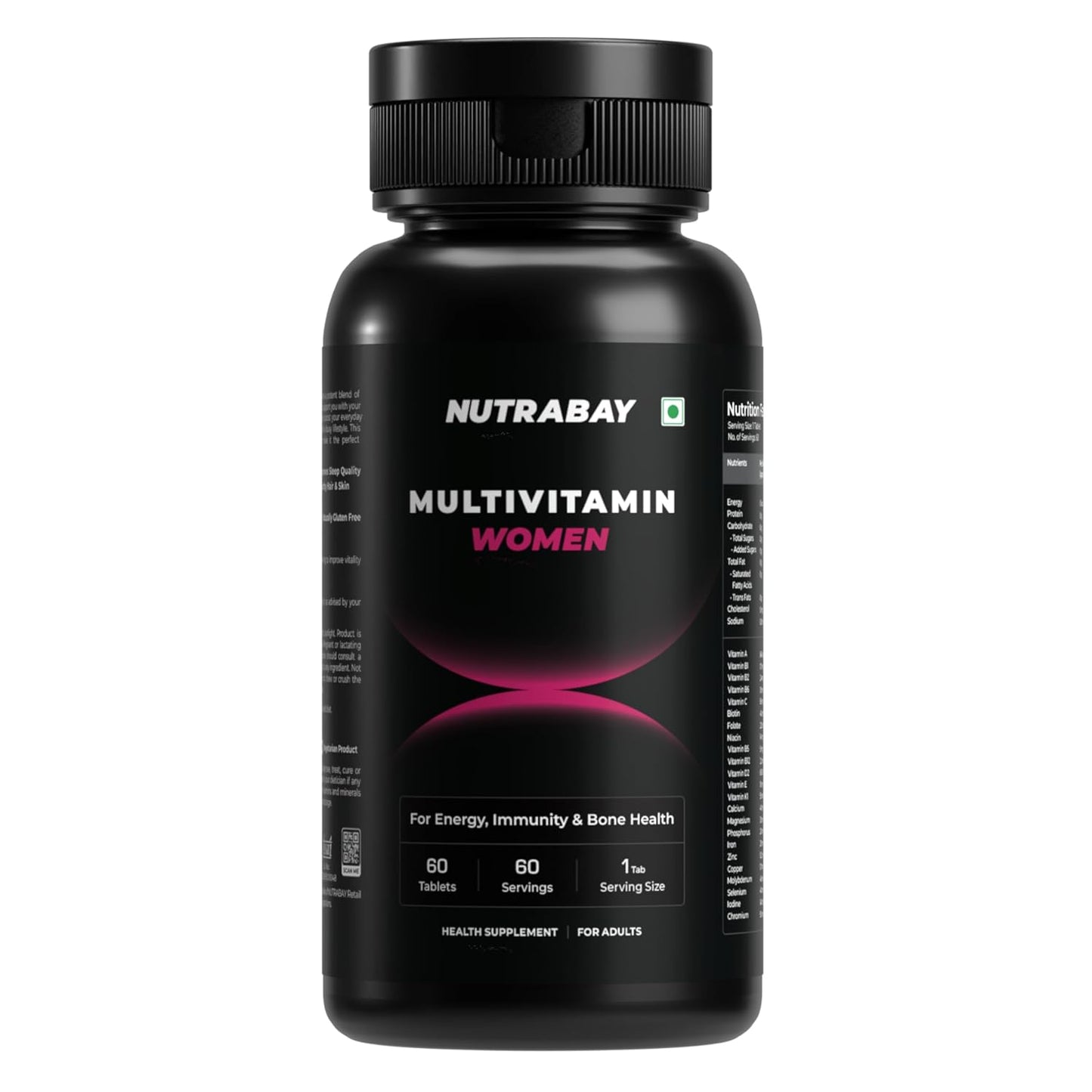 Nutrabay Pro Active Multivitamin for Women â€“ Effective Doses of Iron, Vitamin A, B5, B6, C, D, E & K and Minerals â€“ Immunity, Hair, Skin & Bone Support â€“ 60 Tablets | 100% RDA Dosage | Purity Tested