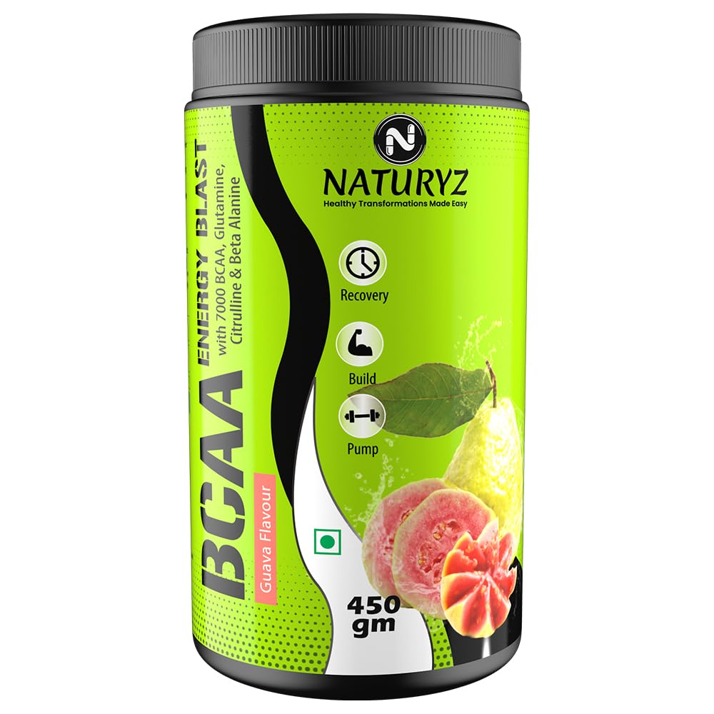 NATURYZ BCAA Energy Blast Pre Intra Post Workout Supplement With 7000 BCAA | Glutamine | Citrulline | Beta-Alanine for Muscle Recovery | Power & Energy-450 Grams(Guava Flavor)