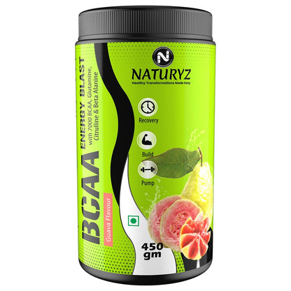NATURYZ BCAA Energy Blast Pre Intra Post Workout Supplement With 7000 BCAA | Glutamine | Citrulline | Beta-Alanine for Muscle Recovery | Power & Energy-450 Grams(Guava Flavor)