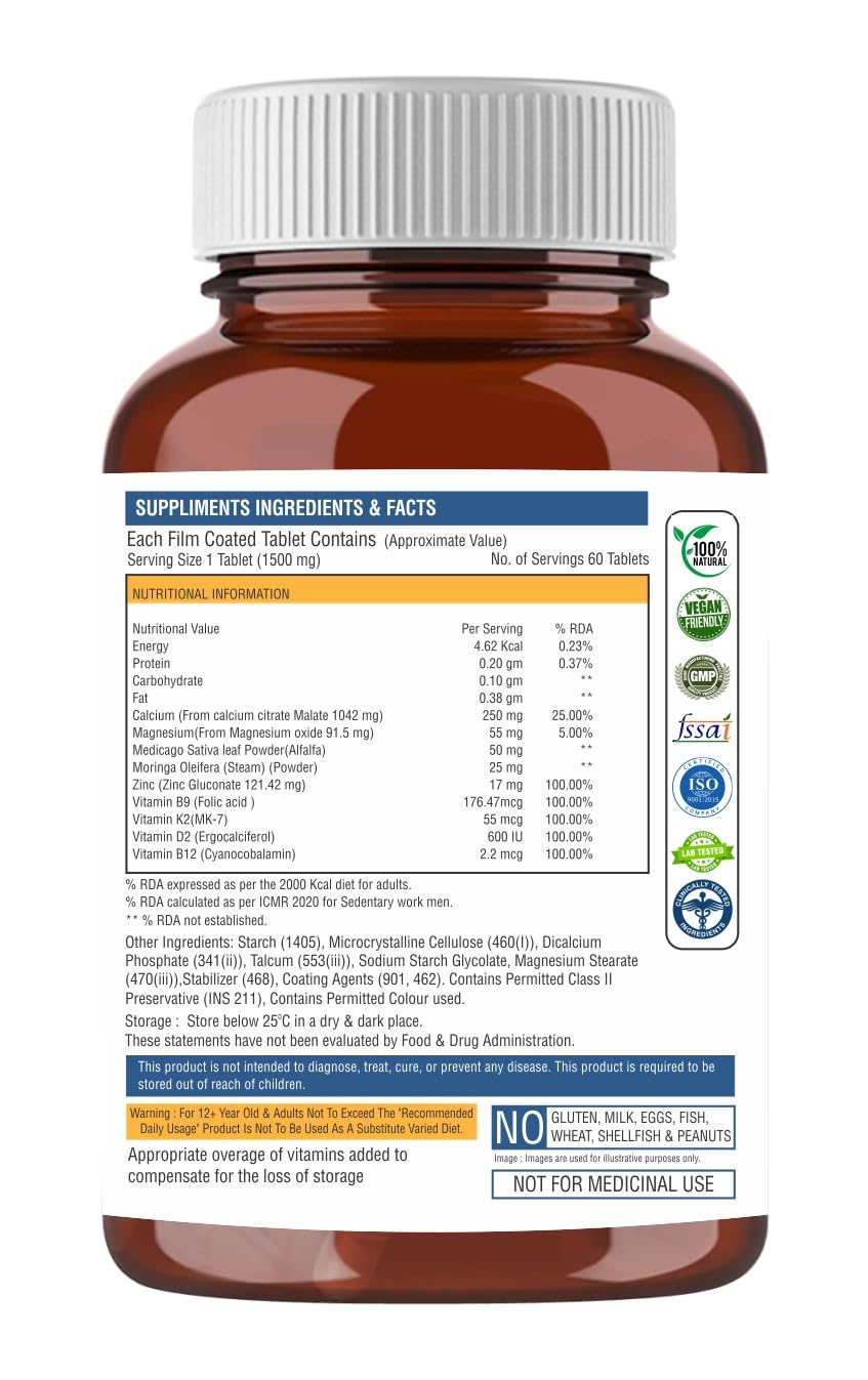 The Body Reserve Calcium Tablets For Women & Men- 60 Tablets, Calcium Magnesium & Zinc Supplements For Man With Calcium Citrate, Vitamin K2, MK7 & Vitamin B12 To Support Joints And Bone Health
