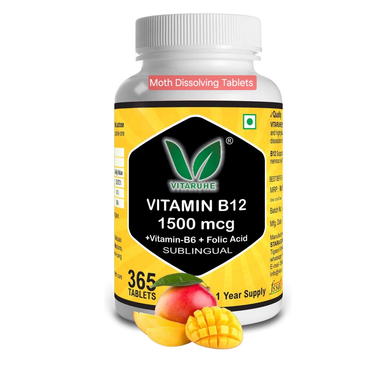 VITARUHEÂ® Vitamin B12 High Dose+ B6/Folic Acid, 365 Tablets Methylcobalamin & Sublingual for Maximum Effects, Vegan, 365 Tablets for 1 year Mango Flavour