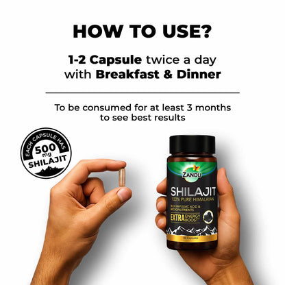 Zandu Shilajit Capsules, Infused with Goodness of Natural Shilajit Extracts, Helps Boost Immunity & Energy, Supports Metabolism -Pack Of 60 Vegetarian Capsules
