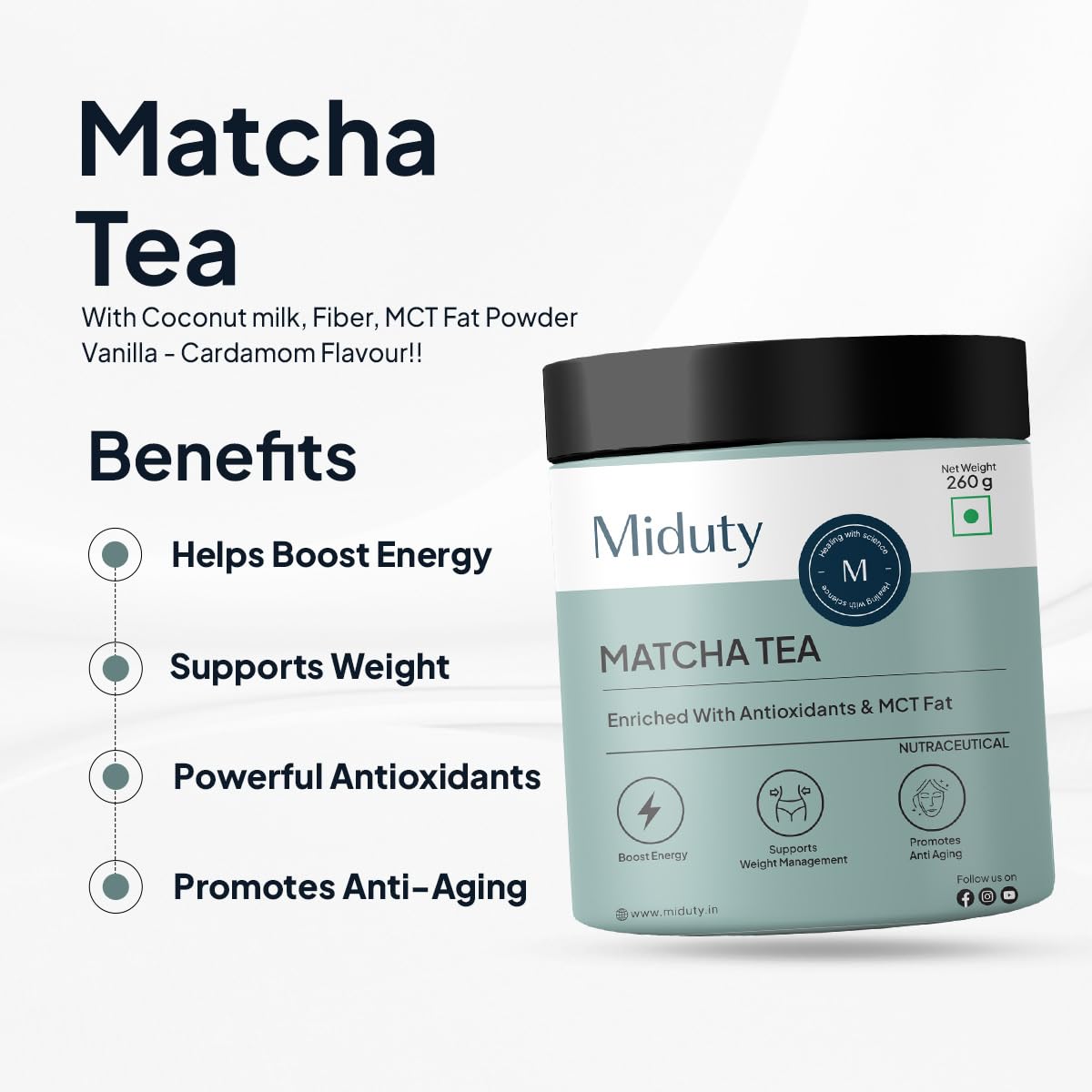 Miduty by Palak Notes Matcha Tea - Detoxifying Drink, Fat Burner - Energy Booster, Weight Management - Promote Anti Aging & Gut Health, MCT Fat - L-Theanine With Coconut Milk - Vanilla flavour - 260g