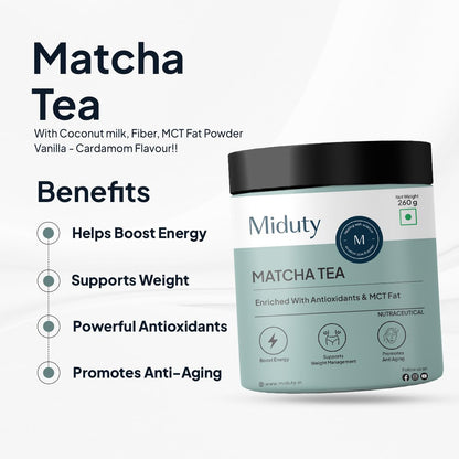 Miduty by Palak Notes Matcha Tea - Detoxifying Drink, Fat Burner - Energy Booster, Weight Management - Promote Anti Aging & Gut Health, MCT Fat - L-Theanine With Coconut Milk - Vanilla flavour - 260g