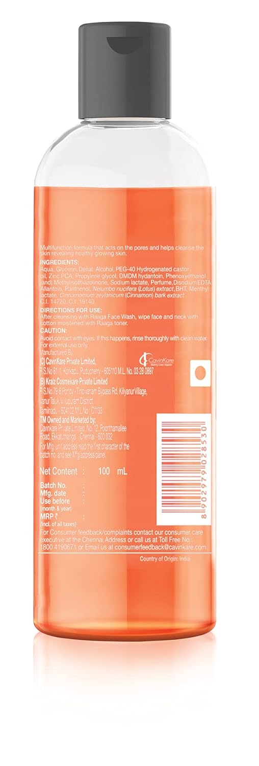 Raaga Professional Skin Toner, Nourishes and Maintains pH Balance, With Lotus & Cinnamon, All Skin Types, Lotus extracts helps to control sebum production, balances oily skin, it also keeps skin hydrated and improves elasticity, 100 ml