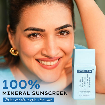 Hyphen Sun Milk Mineral Sunscreen SPF 50 PA++++ with 25% Nano Zinc Oxide | UV & Blue Light Protection | Water Resistant Korean Sunscreen for Sensitive, Oily & Acne Prone Skin | 50ml