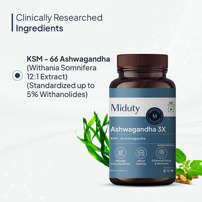Miduty Palak Notes Ashwagandha 3X (500 mg) Supplement - KSM 66 Ashwagandha - Triple Strength Formula - For Mood Stability - Focus, Strength and Stress - 60 Veg Capsules