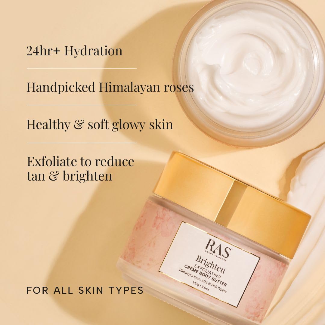 Ras Luxury Oils Brighten Exfoliating Creme Body Butter with Pink Pepper & Himalayan Rose | 24 Hour Long Lasting Hydration | Non-Greasy, Quick Absorbing Tan Removal Moisturizer For All Skin Type, 100gm