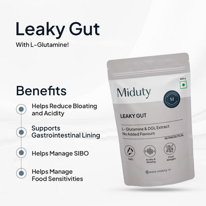 Miduty by Palak Notes Leaky Gut Powder - Supports Gastrointestinal lining, Leaky Gut - Helps In Constipation And Heartburn - Advanced Formula with L Glutamine and Aloe Vera Extract - 300 Grams