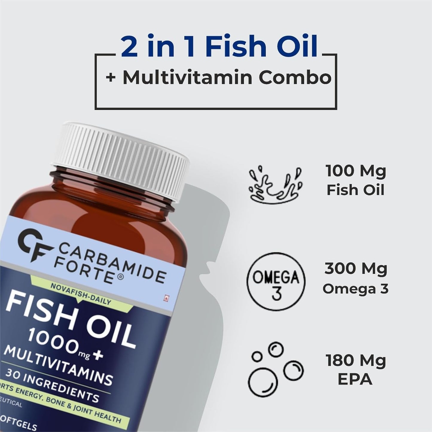 Carbamide Forte Fish Oil with Multivitamin and Omega 3 1000mg Capsules for Men & Women | Fish Oil And Multivitamin Combo with 30 Ingredients - 60 Softgel Capsules, 110 grams