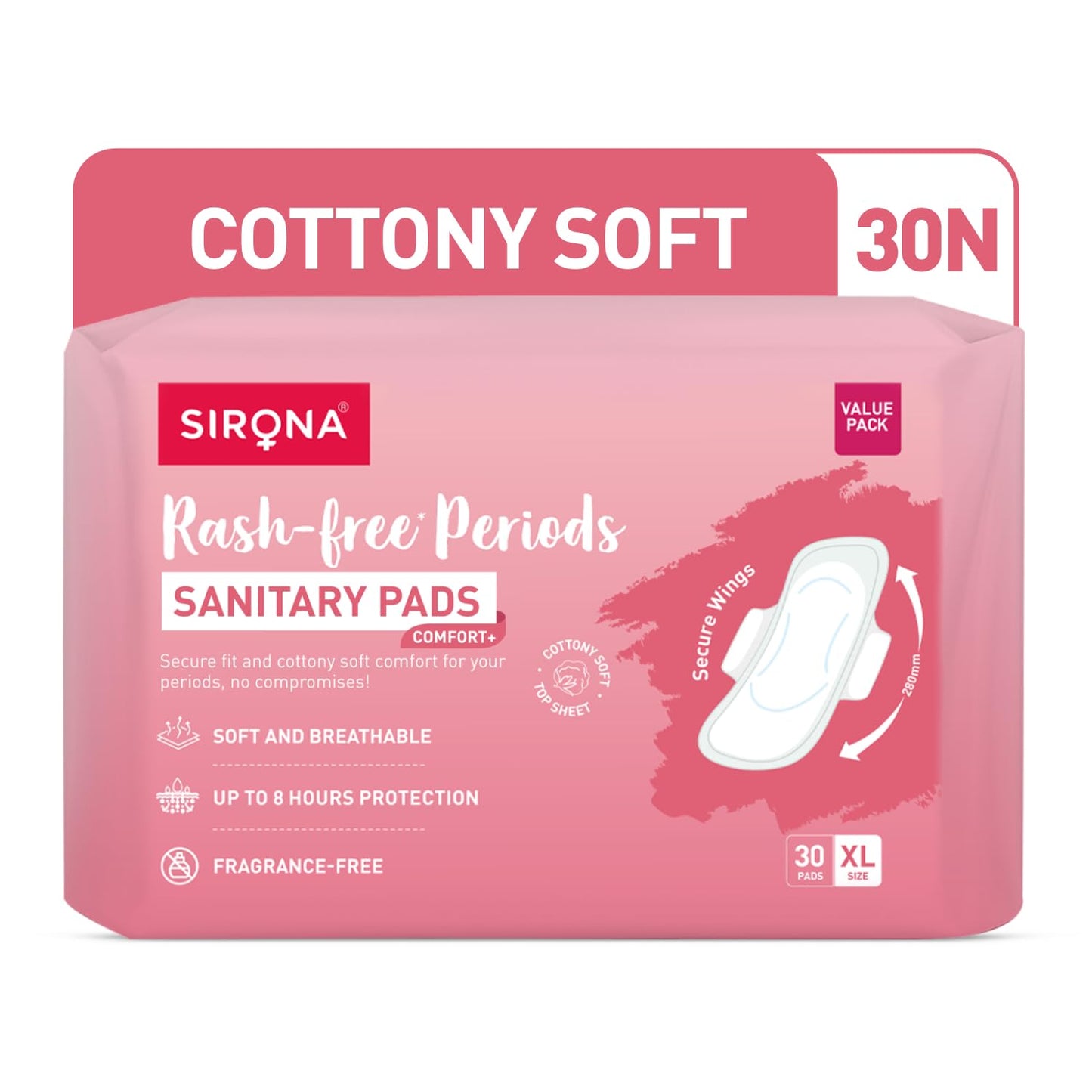 Sirona Sanitary Pads for Women - XL (Pack of 30) | Pad for Rashfree Periods | Cottony Soft & Breathable Napkins For Ultra Comfort | Upto 8 Hrs Leak-Proof Protection