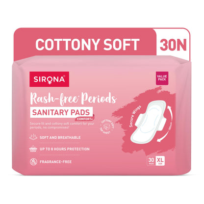 Sirona Sanitary Pads for Women - XL (Pack of 30) | Pad for Rashfree Periods | Cottony Soft & Breathable Napkins For Ultra Comfort | Upto 8 Hrs Leak-Proof Protection
