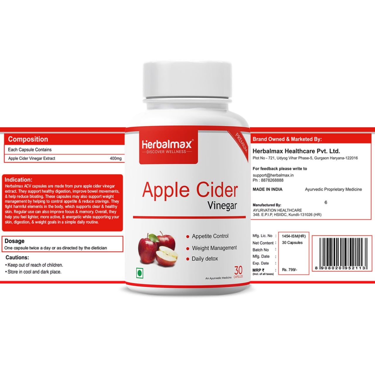 Herbal Max Organics Apple Cider Vinegar â€“ 30 Veg Capsules (800mg) | With The Mother | Natural Detox, Digestion, Weight Management & Gut Health Support