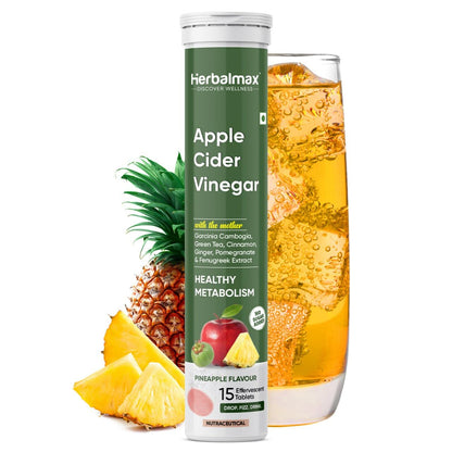 Herbalmax Apple Cider Vinegar Effervescent Tablets â€“ With Mother of Vinegar, Vitamin C, B6 & B12 â€“ Sugar-Free â€“ Supports Weight Management, Detox & Gut Health â€“ Pineapple Flavour â€“ 15 Tablets