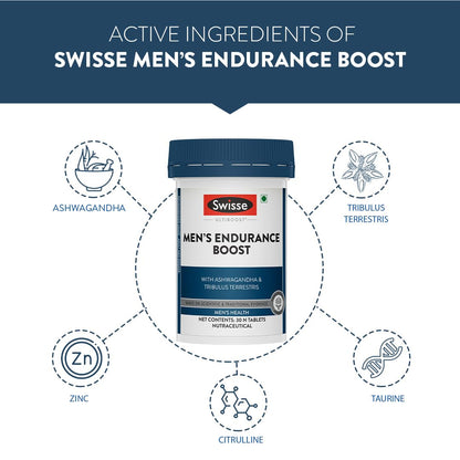 Swisse Menâ€™s Endurance Boost with 150mg Ashwagandha, 80mg Tribulus Terrestris (Gokshura) & Taurine for Performance Boost - Manufactured in Australia - Boosts Strength & Performance (30 Tablets)