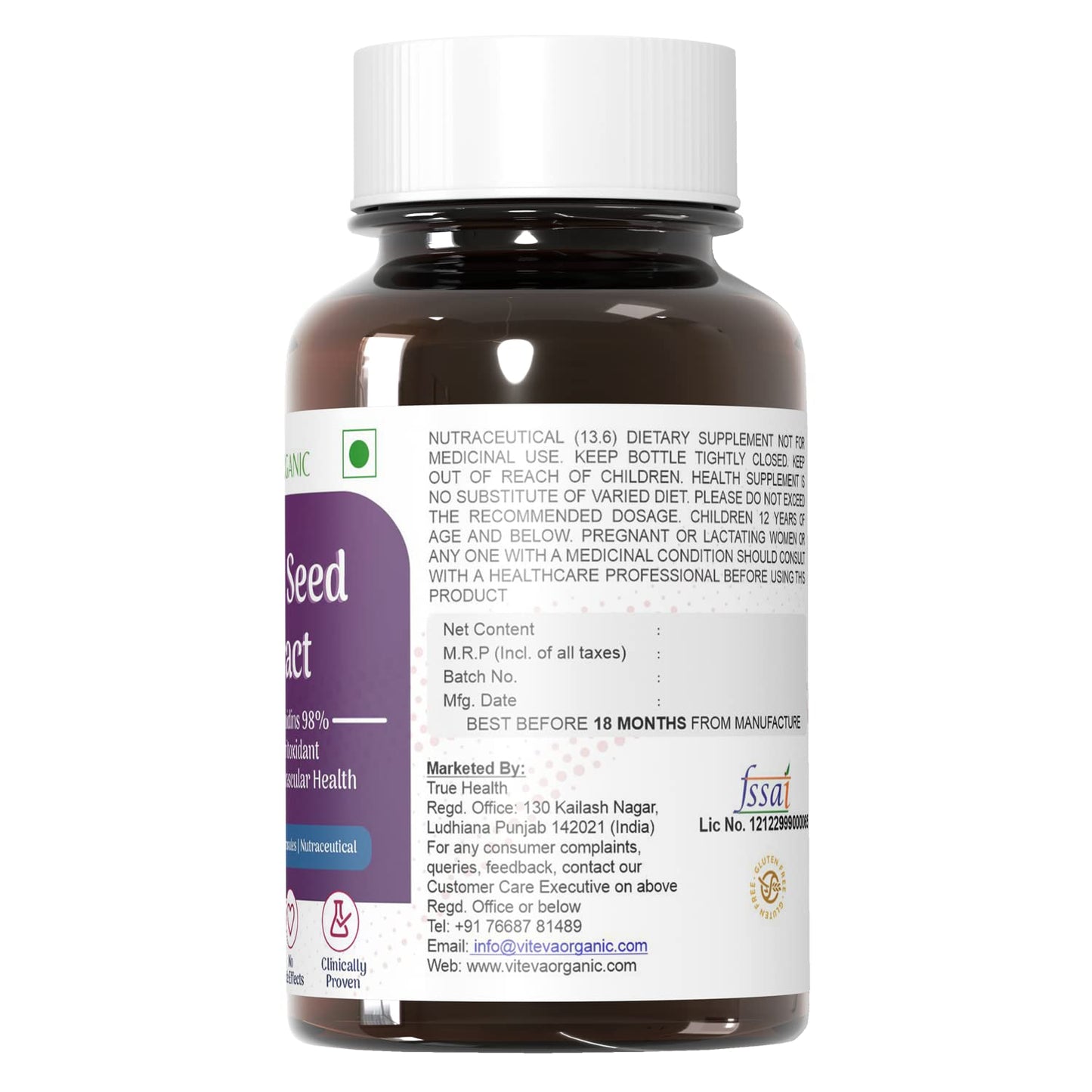 Viteva Organic Grape Seed Extract with 98% Polyphenols 500mg 90 Veg Capsules - Supports Healthy Cholesterol Levels & Immunity - Antioxidant Supplement to promote Healthy Hair & Skin