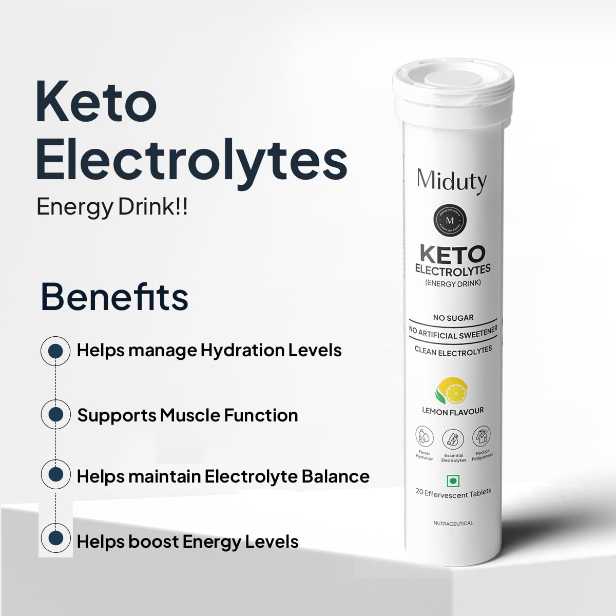 Miduty by Palak Notes Electrolytes Drink - Instant Hydration Drink - Lemon Flavor - Sugar-Free Electrolyte Drink - No more fatigue and dizziness - Hydration Electrolyte - 20 Effervescent Tablets
