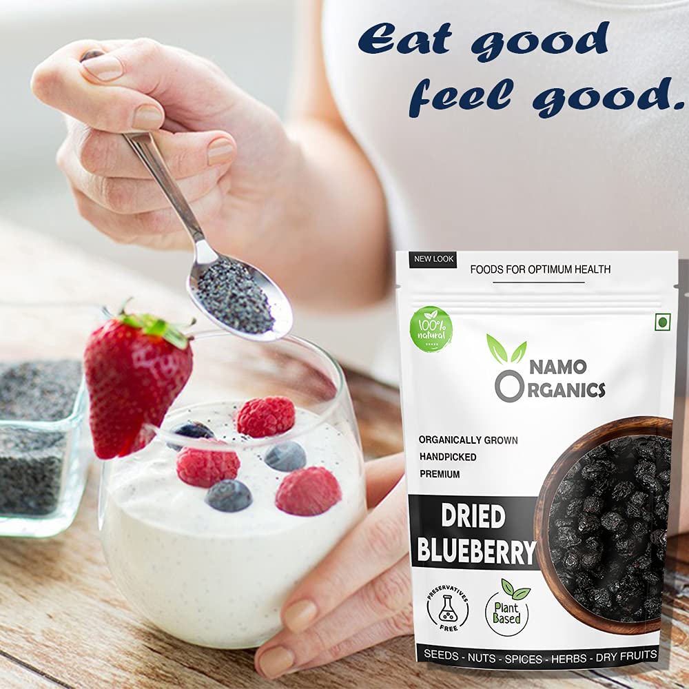 Namo Organics - Original No Refined Sugar Blueberry (Seedless) - 250 Gm - (Gluten Free, Fresh & NON GMO) Blueberries Dry Fruits blue berry | USA