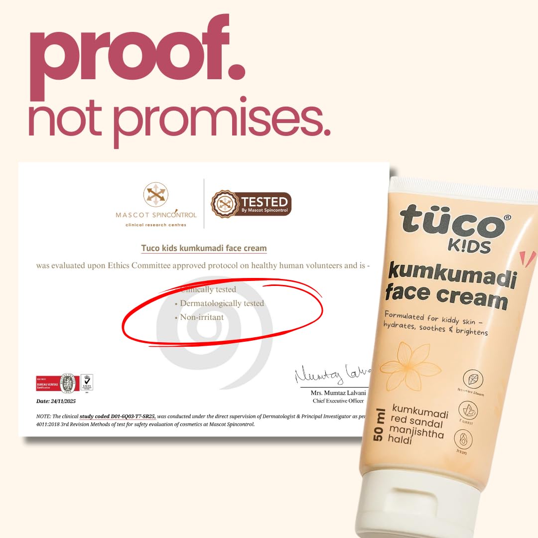 TucoÂ® Kids Kumkumadi Face Cream | Lightweight, Non Greasy & Fast Absorbing | Infused with Kumkumadi, Red Sandal Majistha & Turmeric | Fights Tan, Brighten Skin & Reduce Dull Spots | SLS & Paraben Free | Safe for Baby-50gm