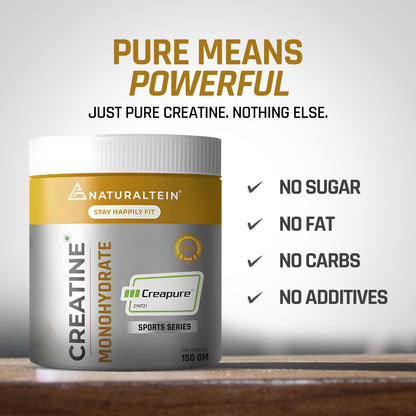 NATURALTEIN Creatine Monohydrate (CreapureÂ®) â€“ 150 g | Increases Strength, Muscle Size & Endurance | Unflavoured, Vegan & Pure Micronized Creatine | Fast Recovery & Enhanced Performance