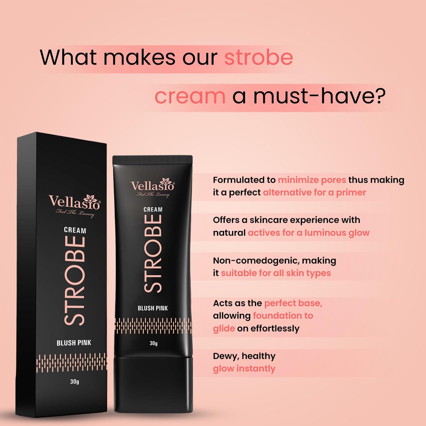 Vellasio Strobe Cream - Blush Pink | Face Illuminator & Primer with Hyaluronic Acid, Squalene & Japanese Sakura | Dewy Glow, Hydration, Non-Comedogenic for All Skin Types - 30g