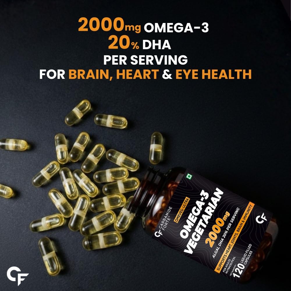 Carbamide Forte Veg Omega 3 2000mg | Plant- Based Omega 3 Supplement with 20% Algal DHA | Supports Heart, Brain & Eye Health - 120 Capsules