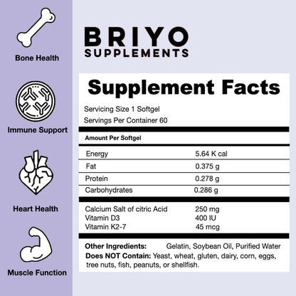 Briyosis Orthomax - Vitamin D3 & K2-M7 + Calcium Dietary Supplement for Bone Health, Stronger Bones, Teeth, Muscles & Immunity Calcium Supplement Absorption