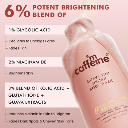 mCaffeine 1% Glycolic Acid Detan Body Wash 300ml | 2% Niacinamide, 3% Kojic Acid-Glutathione | Bodywash for Women & Men| Brightens, Hydrates, Reduces Dark Spots & Evens Tone | Guava Shower Gel for Dry Skin