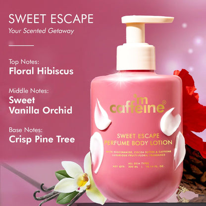 mCaffeine Sweet Escape Perfume Body Lotion 300ml| Niacinamide, Cocoa & Shea Butter | Deep Moisturization for Women & Men | Lightweight, Non-Sticky & Daily Use | Fruity-Floral Fragrance | Summer Body Cream For Dry Skin
