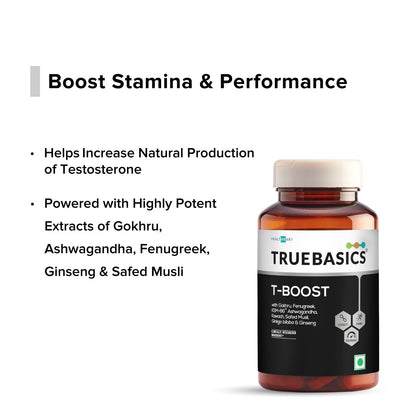 TrueBasics T-Boost,Testosterone Supplement For Men|With Ksm 66 Ashwagandha,Safed Musli,Gokshura,& Ginseng|For Energy,Stamina & Muscle Strength,1 Count,120 Capsules