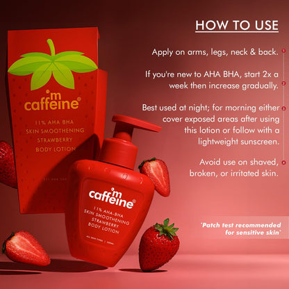 mCaffeine 11% AHA BHA Strawberry Body Lotion for Skin Smoothening | Gently Exfoliates Dead, Dry, Even Tones Skin | 72hr Moisturization | Juicy Strawberry Scent, For Men & Women-200ml