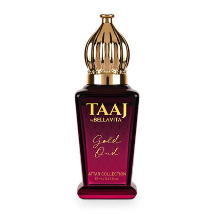BELLAVITA TAAJ Gold Oud Unisex Long Lasting Attar for Man and Woman 12ml | Caramel, Rose, Jasmine and Orris | Non-Alcoholic Roll On | Ideal Gift for Men and Women