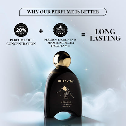 BELLAVITA Zodiac Collection Aquarius EDP Unisex | Bergamot, Tonka and Musk | Premium Long Lasting Fragrance Perfume for Men and Women, 100ml