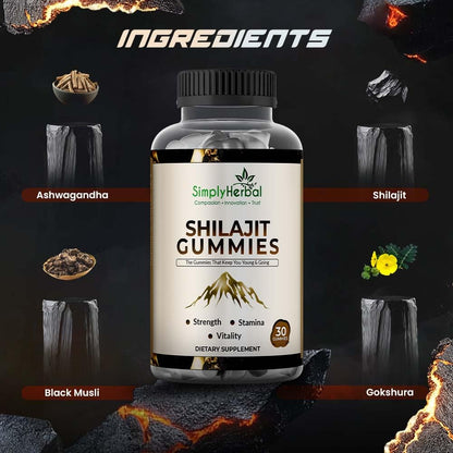 Simply Herbal Shilajit Gummies | With Shilajit Extract, Chicory Root & Ashwagandha | Strength, Stamina & Vitality Support | 30 Gummies | Vegan | Gluten-Free