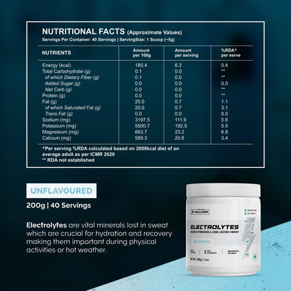 Wellcore - Electrolytes (Unflavoured, 200g)| Electrolyte Drink With 5 Vital Electrolytes: Na, Mg, Ca, K, PO4|Sugar Free Electrolyte Powder|Fat Fuel Powered Keto Electrolyte, 1 count, 57 Servings