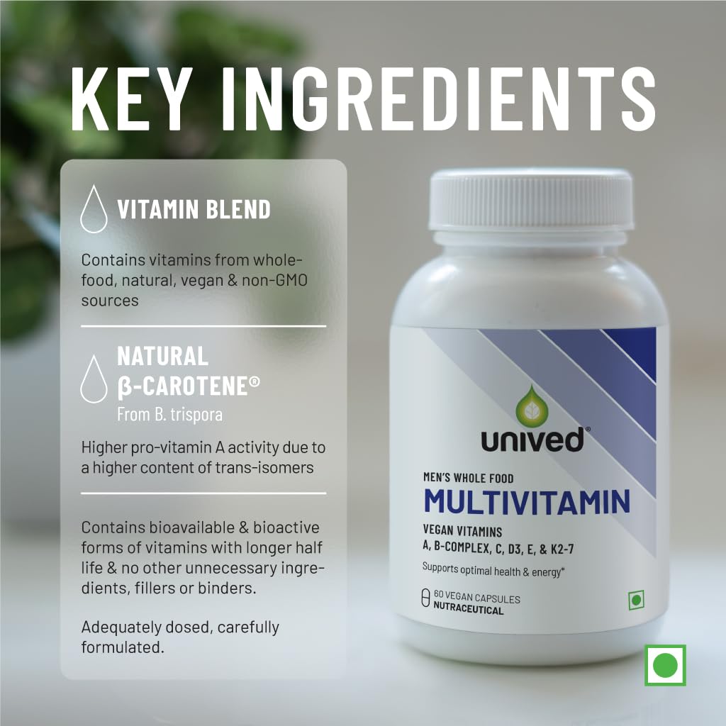 Unived Wholefood Multivitamin for Men | Vegan Plant-Based Multivitamins A, B-Complex, C, D3, E, & K2-7 | 100% Natural, Wholefood Plant Based, & Vegan | 60 Capsules