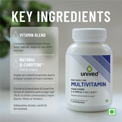 Unived Wholefood Multivitamin for Men | Vegan Plant-Based Multivitamins A, B-Complex, C, D3, E, & K2-7 | 100% Natural, Wholefood Plant Based, & Vegan | 60 Capsules