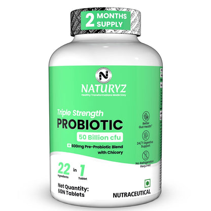 NATURYZ Triple Strength Probiotic 50 Billion CFU with Pre-Probiotic 600mg | Chicory Root | 22 Nutrients for Gut Health | Supports Digestion, Constipation, Gas & Bloating | No Refrigeration | 60 Tablets