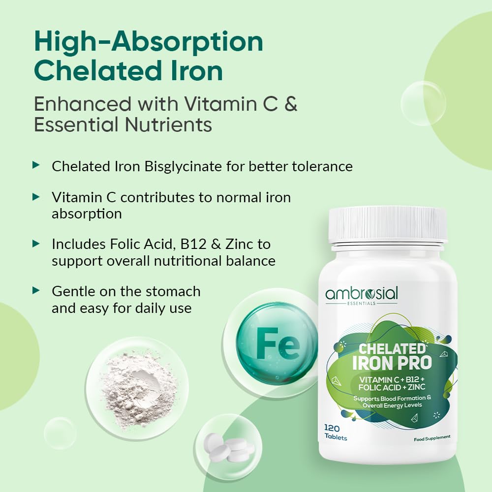 Ambrosial Iron Bisglycinate with Folic Acid, Vitamin C, Vitamin B12 & Zinc | Chelated Iron Tablets for Men & Women | 120 Vegetarian Tablets