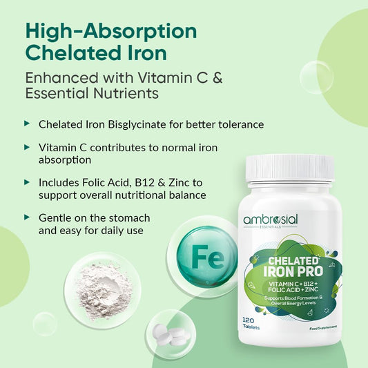 Ambrosial Iron Bisglycinate with Folic Acid, Vitamin C, Vitamin B12 & Zinc | Chelated Iron Tablets for Men & Women | 120 Vegetarian Tablets