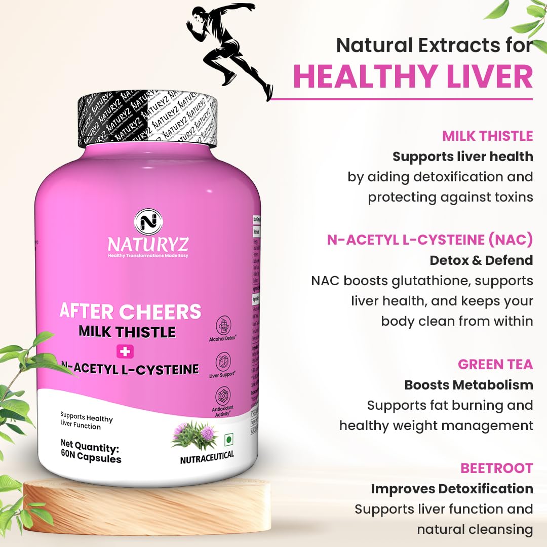 NATURYZ After Cheers Liver & Alcohol Detox Supplement with Milk Thistle, N-Acetyl Cysteine (NAC), Green Tea & Beetroot | Advanced Liver Health, Hangover Recovery | Helps detox After Drinking | 60 Vegetarian Capsules